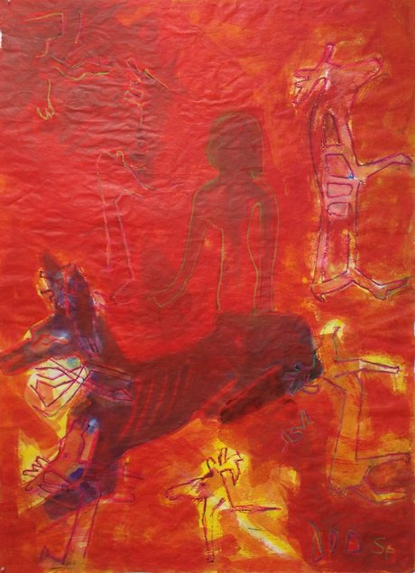 Helen Spoerri, Anubis sieht rot in Ägypten, 2006, Mischtechnik auf Bütten, 185 x 135 cm, Foto: Stiftung Kunstfonds, © Nachlass Spoerri