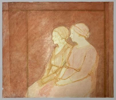 Gerda Brodbeck, zwei Sitzende halb, undatiert, Öl auf Makulaturpapier, 121 x 137 cm